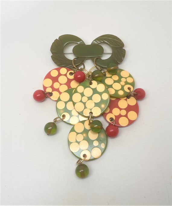 Rare CHARLES ELKAIM 1950's Large Green Carved Bakelite Polka Dot Dangle Brooch