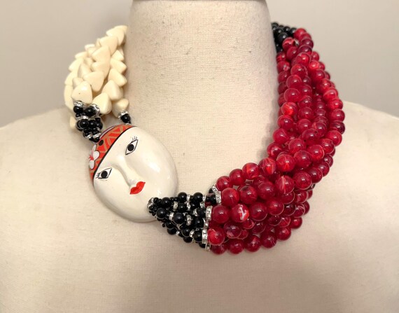 Art Deco Style Enamel Face Mask Red & Cream Acrylic Beads, Rhinestones Necklace