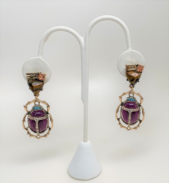 Vintage Oscar De La Renta Style Rhinestone Semi Precious Scarab Drop Pierced Earrings