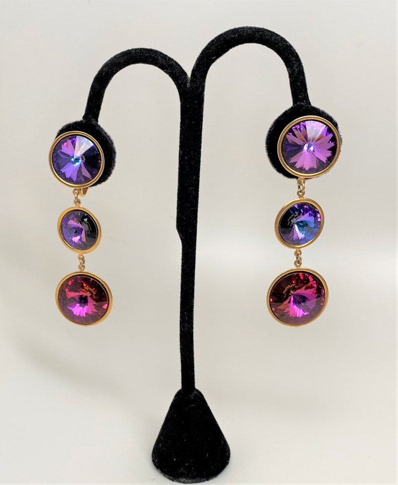 Vintage 80s Wendy Gell Purple /& Fuchsia Cut Crystal Clip On Earrings