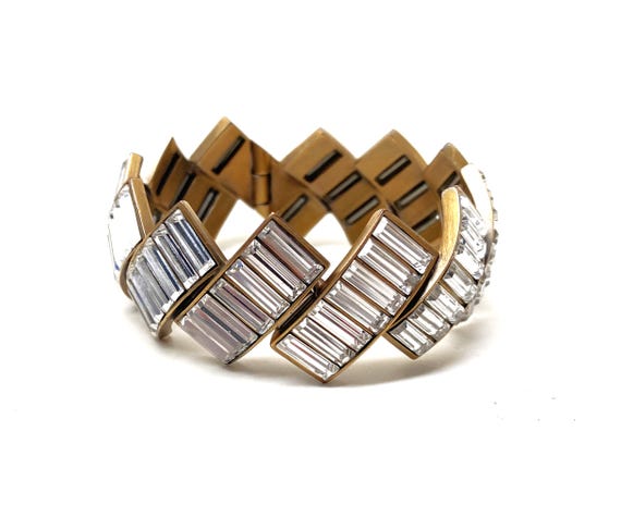 Balenciaga Crystal Baguette Stones, Geometric Hinged Bangle Bracelet