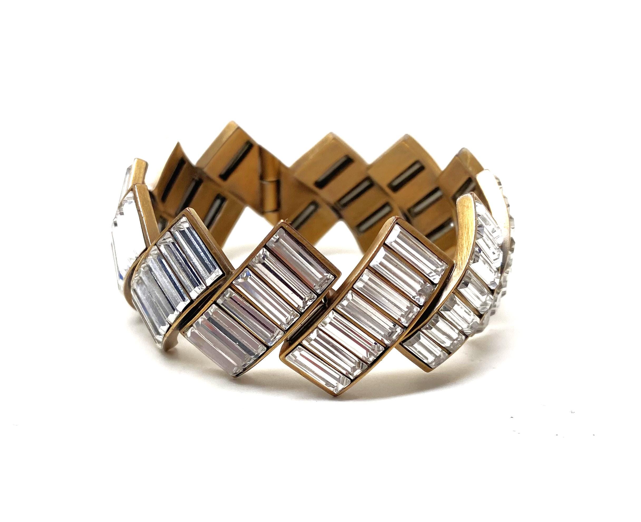 Balenciaga Crystal Baguette Stones Geometric Hinged Bangle Bracelet
