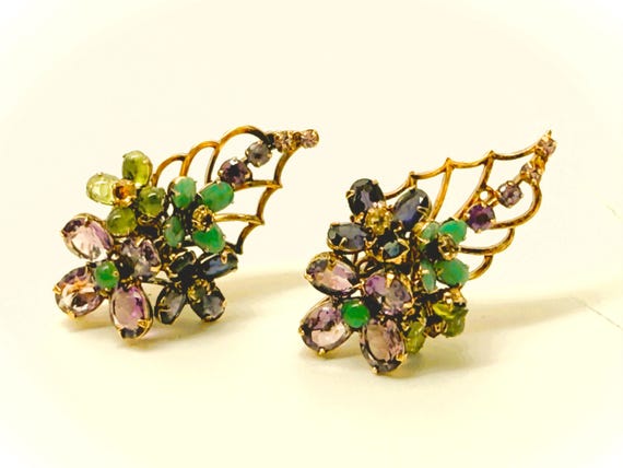 Iradj Moini 4 Flowers, Large Leaf, Emerald, Peridot & Amethyst Clip on Earrings