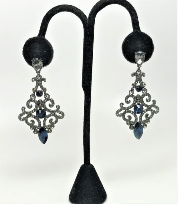 Stunning Gunmetal Setting, Sapphire Rhinestones Pierced Designer Earrings