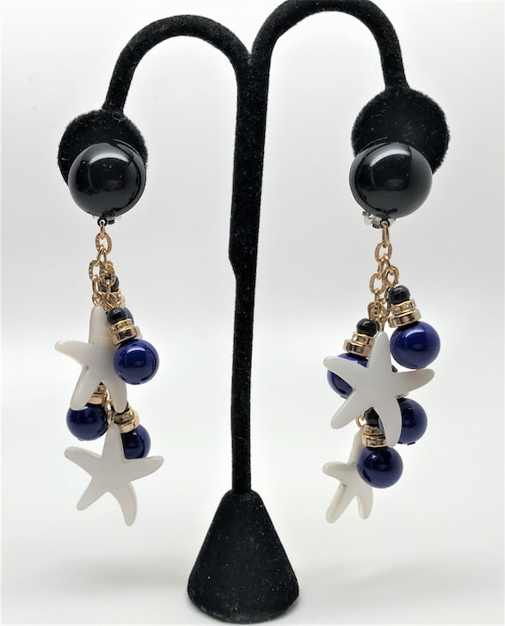 Stunning Blue Resin, Lucite Stars & Rhinestone Rondelles Dangle Clip On Earrings