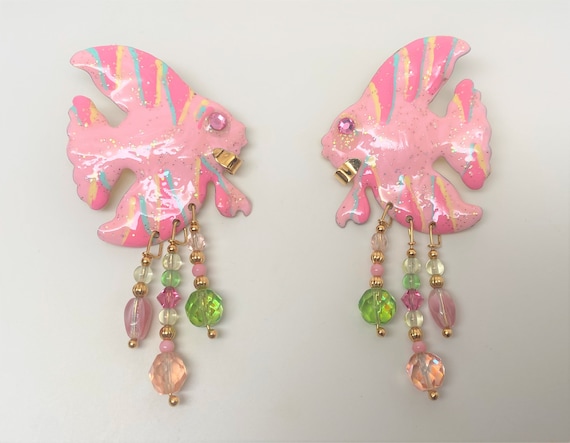 Lunch at the Ritz Pink Enamel Fish Drop Pierced Earrings Circa 1980's
