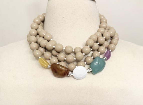 ANGELA CAPUTI Beige, White & Green Acrylic Necklace 75" Long