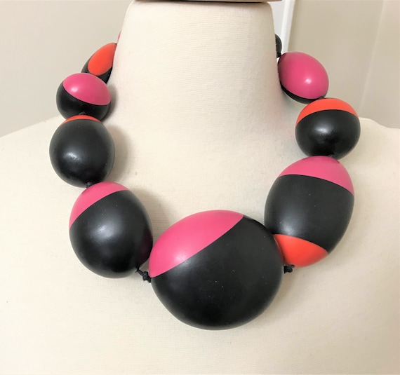 Gorgeous Gerda Lynggaard Monies Ebony, Fuchsia & Orange Wood Statement Necklace