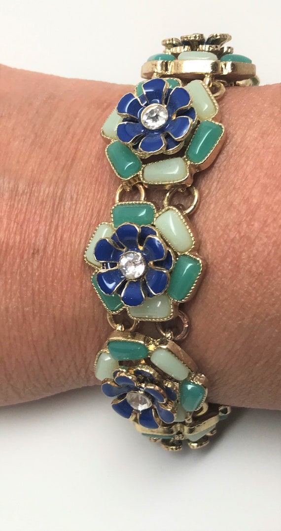 Gorgeous Blue Enamel & Green Resin With Crystal Flower Bracelet