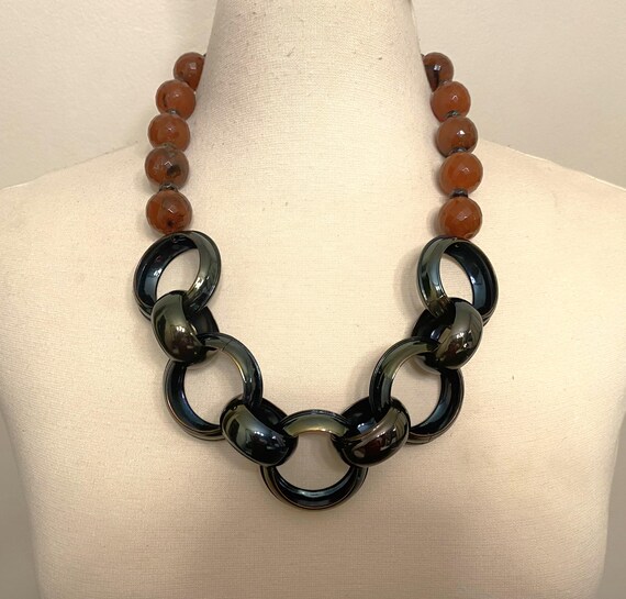 Vintage Brown Resin & Green Metal Chain Necklace