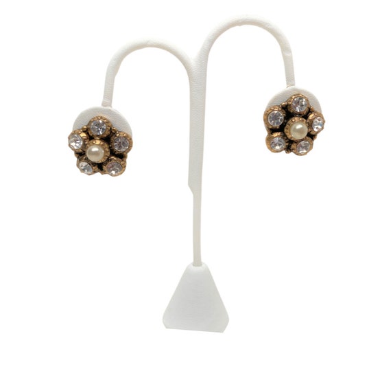 Vintage Faux Pearl & Crystal Clip Earrings - image 2