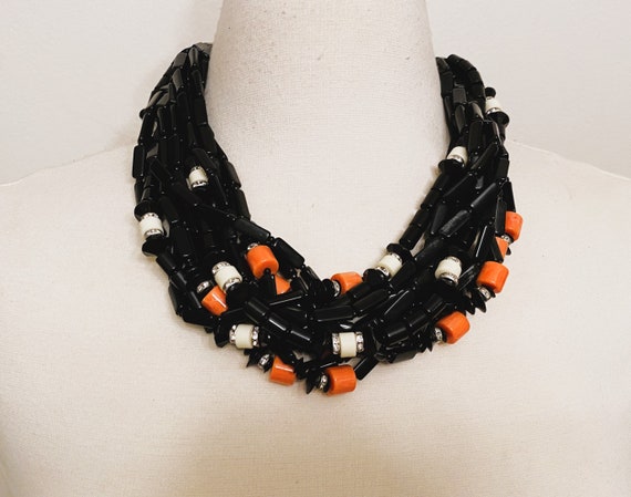 ANGELA CAPUTI Black, Cream & Coral Color Resin Beads Multi Strand Necklace