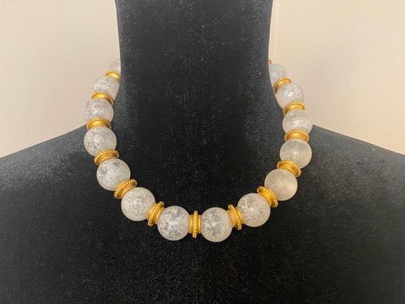 Vintage Satin Gold Plated, White/ Clear Art Glass Choker Necklace