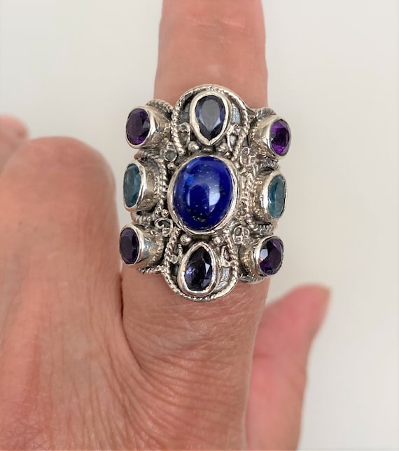 Sterling Silver .925 Lapis , Amethyst & Sapphire Cabochons Ring 8