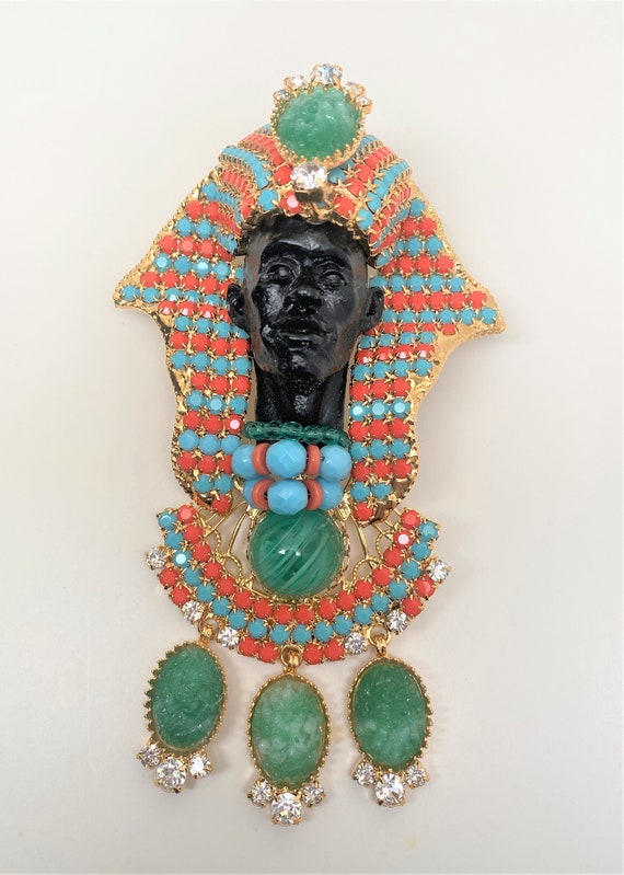 Fabulous Chris Crouch's Moans Couture Art Glass & Rhinestones Pharaoh Pin Brooch