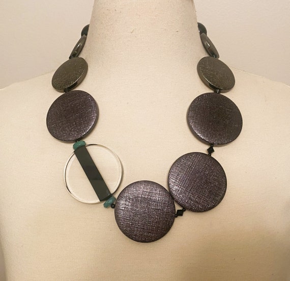 ANGELA CAPUTI Flat Texture Blackened Silver Color Resin & Lucite Choker Necklace