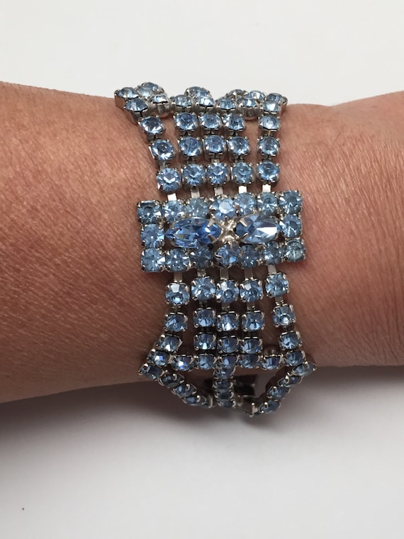 Vintage Art Deco Large Bracelet Blue Rhinestones