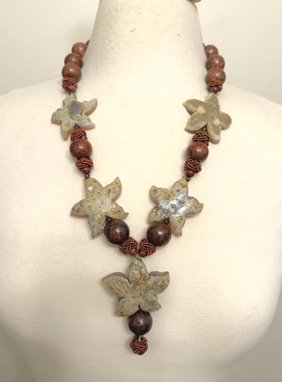 Vintage Natural Stones Stars & Silk Beads  Statement Necklace