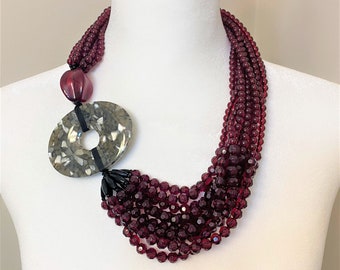 Exquisite Angela Caputi Multi Strands Dark Red, Gray & Black Resin Beads Necklace