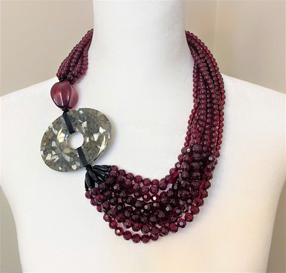 Exquisite Angela Caputi Multi Strands Dark Red, Gray & Black Resin Beads Necklace