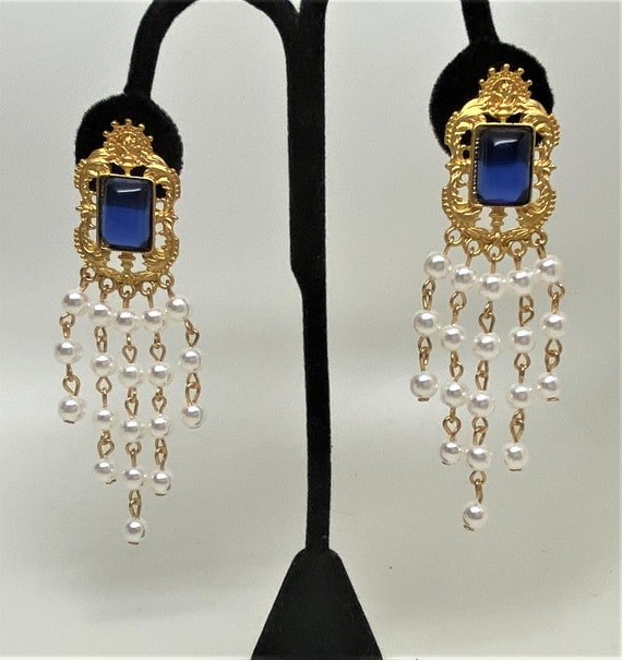 Faux Pearl & Blue Cabochon, Satin Gold Plated Signed Pierced Earrings