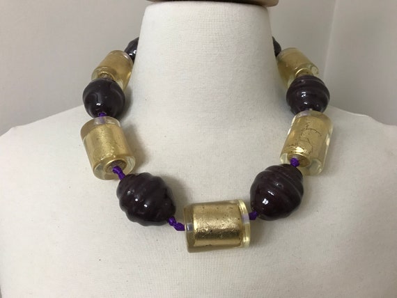 Stunning Couture Lucite Gold Leaf & Purple Beads … - image 1