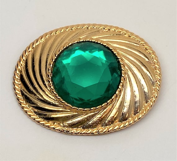 Authentic Vintage Ungaro Pin Brooch - Gold Tone With Green Stone