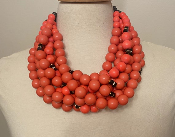 Gorgeous Modernistic Multi Strand Coral Red Wood Necklace Rhinestones Rondelle