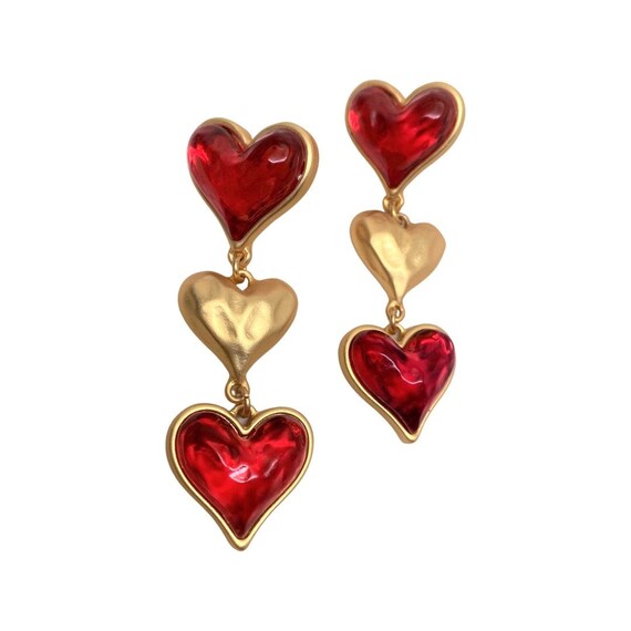 Red Hearts Art Glass Cabochon, Satin Gold Plated Signed Pierced Earrings