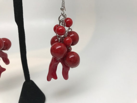 Stunning Resin Red Beads Dangle Long Pierced Earr… - image 4