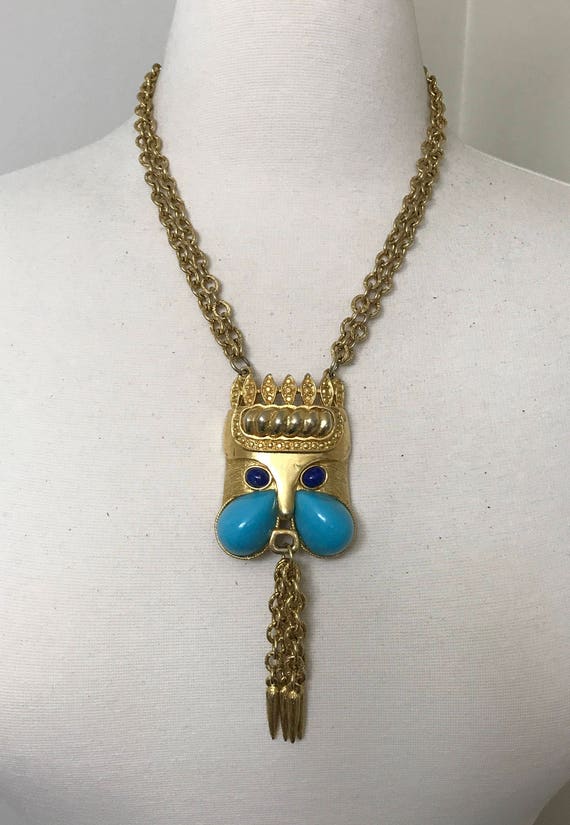 Vintage Rare Carlyle Necklace Egyptian Revival Bunny Turquoise & Lapis Cabochons
