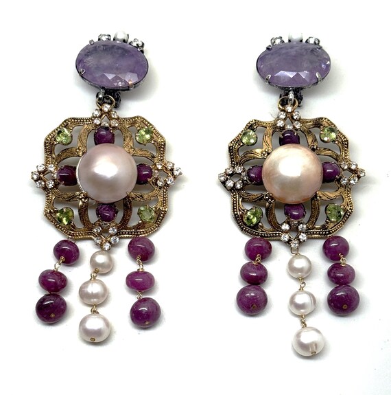 Iradj Moini Filigre Pearl, Amethyst, Ruby, Peridot & Crystal Clip On Earrings