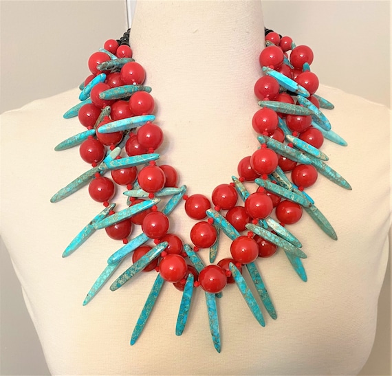 Fabulous Couture Howlite & Red Acrylic Beads Multi Strand Necklace