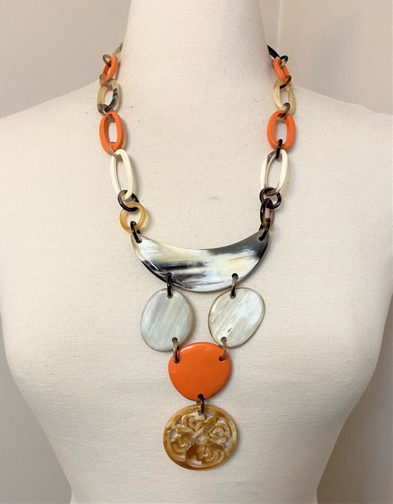 Gorgeous Carved Buffalo Horn & Lacquered Necklace