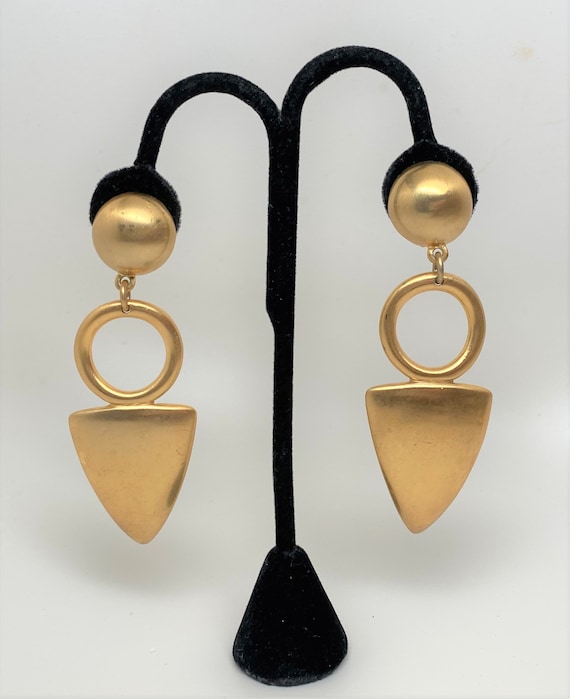Vintage Satin Gold Tone Clip On Long Dangle Earrings 4"