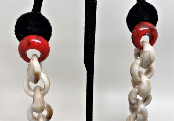 Gorgeous Red & Cream Color Acrylic Chain Long Pierced… - Gem