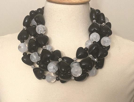 Gorgeous Black & White Heart Shape Acrylic Beads Multi Strand Necklace