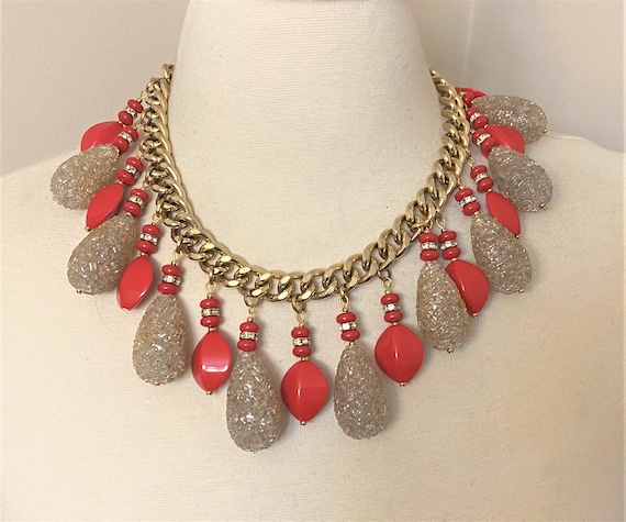 Vintage Gold Tone Chain, Red, Tear Drop Beads Egyptian Revival Necklace