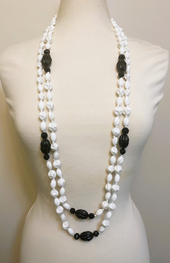 Vintage MIRIAM HASKELL Signed White MILK Glass & Black Beads Long necklace