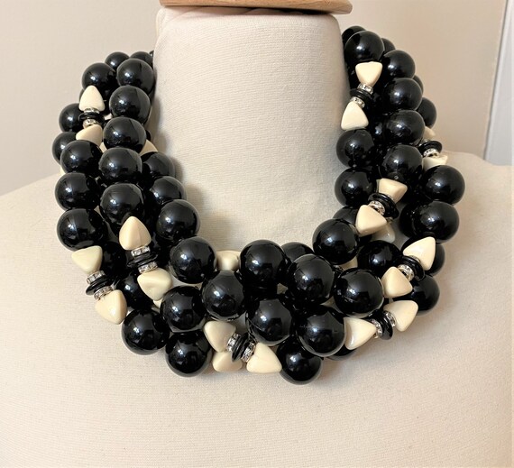 Multi Strand Black & Off White Acrylic Beads With Rhinestones Necklace