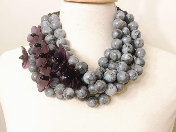 Fabulous Purple Lucite Flowers & Marbleize Gray Beads Multi Strand Necklace
