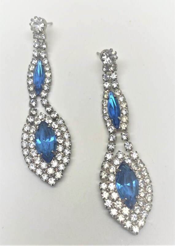 Vintage Silver Tone Blue Rhinestones Dangle Pierced Earrings