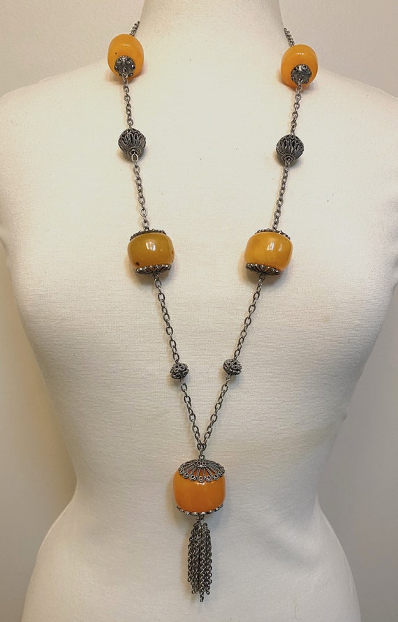 Vintage Silver Tone chain & Large Yellow Beads Necklace With Tassels