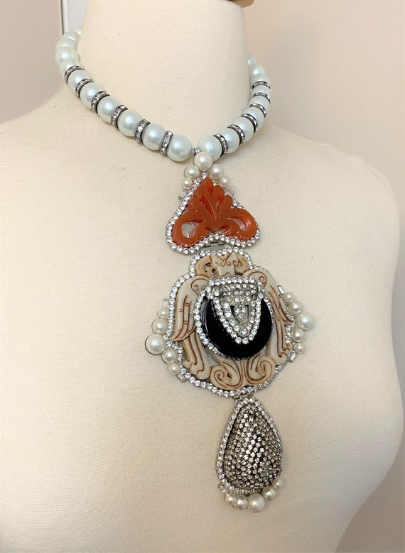 Lawrence Vrba Art Deco Faux Pearl & Rhinestone On… - image 2