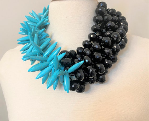 Fabulous Couture Howlite & Black Faceted Acrylic Beads Multi Strand Necklace