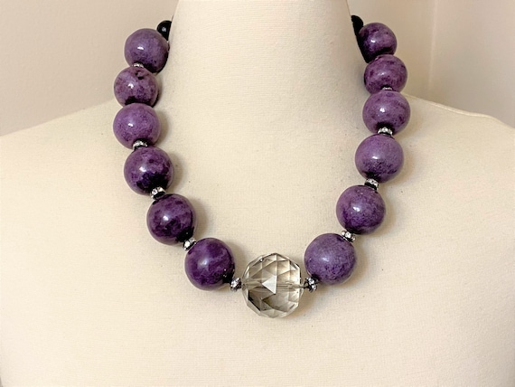 Stunning Purple Dyed Wood, Large Crystal & Rhinestone Rondelles Choker Necklace
