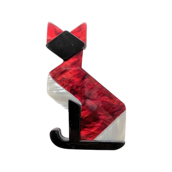Art Deco Design Geometric Cat Red Acrylic Pin Brooch