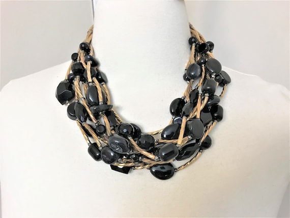 Gorgeous Gold Tone Multi Strand Black Glass Beads Necklace