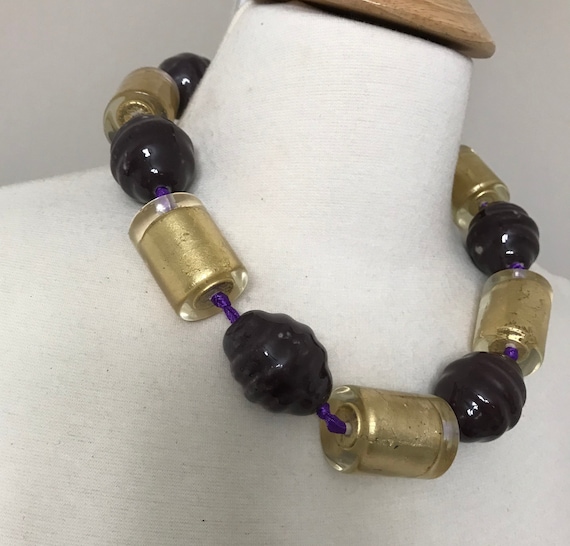 Stunning Couture Lucite Gold Leaf & Purple Beads … - image 5