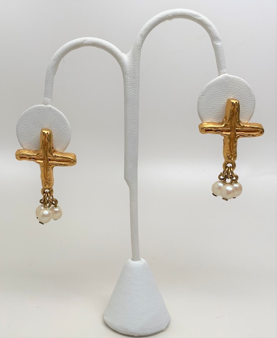 Vintage Gold Plated Cross & Freshwater Pearls Pierced Earrings